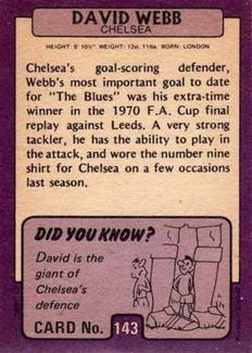 1971-72 A&BC Gum English Footballers (Purple Backs) #143 David Webb Back