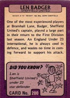 1971-72 A&BC Gum English Footballers (Purple Backs) #200 Len Badger Back