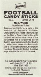 1992-93 Barratt Football Candy Sticks #33 Neil Webb Back
