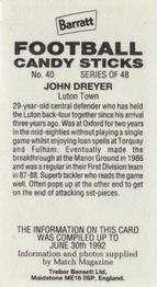 1992-93 Barratt Football Candy Sticks #40 John Dreyer Back