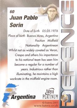 2003 Futera Platinum World Football #60 Juan Pablo Sorin Back