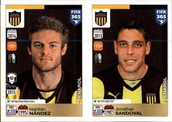 2015-16 Panini FIFA 365 The Golden World of Football Stickers #832 / 836 Nahitán Nández / Jonathan Sandoval Front