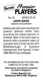 1994 Barratt Premier Players #33 John Wark Back