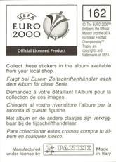 2000 Panini UEFA Euro Belgium-Netherlands Stickers #162 Hakan Sukur Back