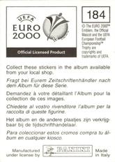 2000 Panini UEFA Euro Belgium-Netherlands Stickers #184 Alessandro Del Piero Back