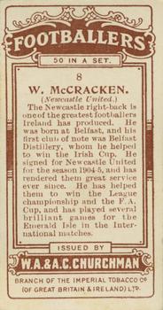 1914 Churchman's Footballers (Brown back) #8 Billy McCracken Back