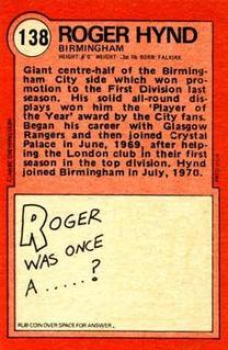 1972 A&BC Red Backs #138 Roger Hynd Back