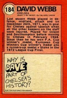 1972 A&BC Red Backs #184 David Webb Back