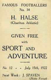 1922 Sport and Adventure Famous Footballers #34 Harold Halse Back