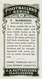 1927 J. A. Pattreiouex Footballers Series 1 #28 Frank McPherson Back