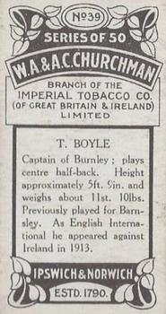 1914 Churchman's Footballers #39 Tommy Boyle Back