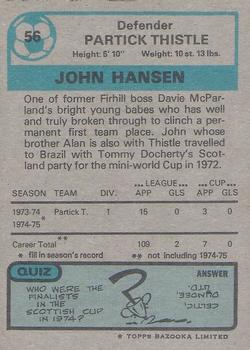 1975-76 Topps Footballers (Scottish, Blue Back) #56 John Hansen Back