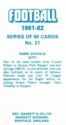 1981-82 Bassett & Co. Football #21 Terry Fenwick Back