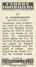 1957 Barratt & Co. Famous Footballers (A5) #27 Alan Hodgkinson Back