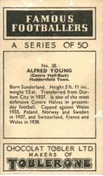 1939 Tobler Chocolate Famous Footballers #38 Alf Young Back