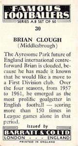 1961 Barratt & Co. Famous Footballers (A9) - A8 Misprint #30 Brian Clough Back