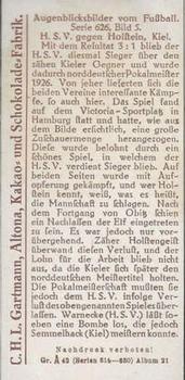 1926 Gartmann Chocolate (Series 626) Snapshots from Football #5 H.S.V. gegen Holstein, Kiel Back