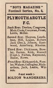 1922 Boys' Magazine Football Series #2 Plymouth Argyle Back