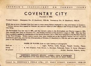 1938 Shermans Pools Searchlight on Famous Teams #NNO Coventry City Back