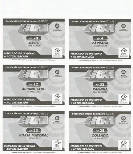2021-22 Panini LaLiga Santander Este Stickers - Mercado de Invierno Jugon Sheets #3 Oier Zarraga / Luka Jovic / Rafinha / Pierre-Emerick Aubameyang / Alex Collado / Borja Mayoral Back