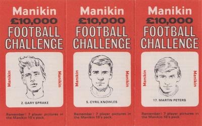 1969 J.R. Freeman Manikin Football Challenge - Uncut Trebles #2 / 5 / 17 Gary Sprake / Cyril Knowles / Martin Peters Front