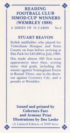 1988 Collectors Fare and Armour Print Reading Football Club Simod Cup Winners (Wembley 1988) #4 Stuart Beavon Back