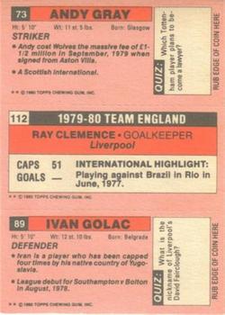 1980-81 Topps Footballer (Pink Back) #89 / 112 / 73 Ivan Golac / Ray Clemence / Andy Gray Back