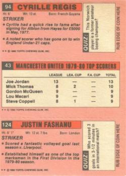 1980-81 Topps Footballer (Pink Back) #124 / 43 / 94 Justin Fashanu / Joe Jordan / Cyrille Regis Back