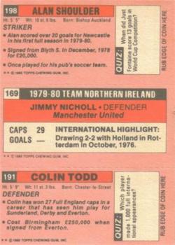 1980-81 Topps Footballer (Pink Back) #191 / 169 / 198 Colin Todd / Jimmy Nicholl / Alan Shoulder Back