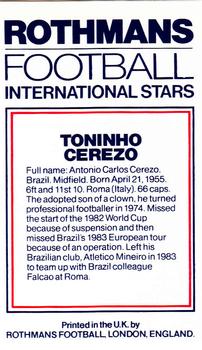 1984 Rothmans Football International Stars #NNO Toninho Cerezo Back