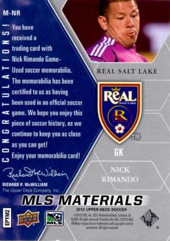 2012 Upper Deck MLS - MLS Materials #M-NR Nick Rimando Back