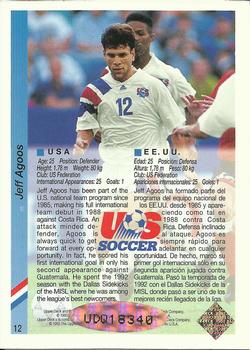 1993 Upper Deck World Cup Preview (English/Spanish) - USA Autographed #12 Jeff Agoos Back