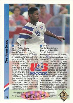1993 Upper Deck World Cup Preview (English/Spanish) - USA Autographed #15 Desmond Armstrong Back