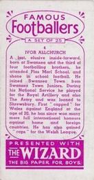 1955 D.C. Thomson / The Wizard Famous Footballers Coloured Mauve back #4 Ivor Allchurch Back