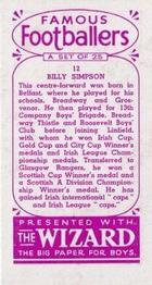 1955 D.C. Thomson / The Wizard Famous Footballers Coloured Mauve back #12 Billy Simpson Back