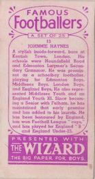 1955 D.C. Thomson / The Wizard Famous Footballers Coloured Mauve back #13 Johnny Haynes Back