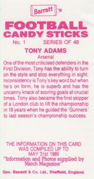 1989-90 Barratt Football Candy Sticks #1 Tony Adams Back