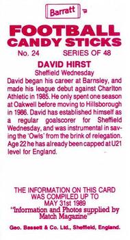 1989-90 Barratt Football Candy Sticks #24 David Hirst Back