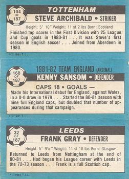 1981-82 Topps Footballer #104 / 168 / 32 Steve Archibald / Kenny Sansom / Frank Gray Back