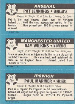 1981-82 Topps Footballer #1 / 75 / 42 Pat Jennings / Ray Wilkins / Paul Mariner Back