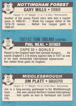 1981-82 Topps Footballer #83 / 170 / 63 Gary Mills / Phil Neal / Jim Platt Back