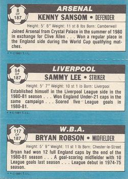 1981-82 Topps Footballer #8 / 54 / 117 Kenny Sansom / Sammy Lee / Bryan Robson Back