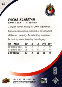 2008 Upper Deck MLS #12 Sacha Kljestan Back
