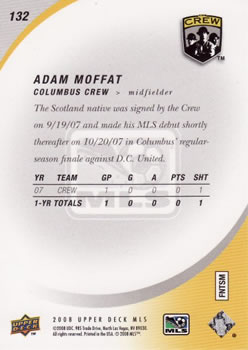 2008 Upper Deck MLS #132 Adam Moffat Back