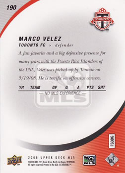 2008 Upper Deck MLS #190 Marco Velez Back
