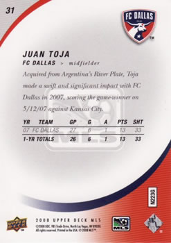 2008 Upper Deck MLS #31 Juan Toja Back
