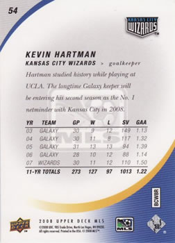 2008 Upper Deck MLS #54 Kevin Hartman Back