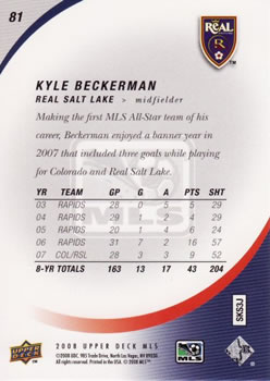 2008 Upper Deck MLS #81 Kyle Beckerman Back