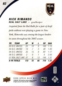 2008 Upper Deck MLS #82 Nick Rimando Back