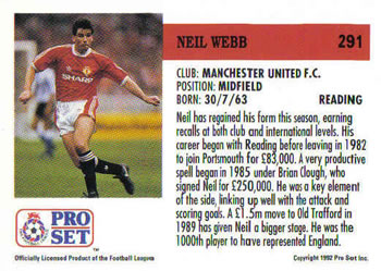 1991-92 Pro Set (England) #291 Neil Webb  Back